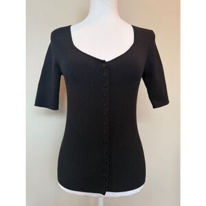 Elie Tahari Black Ribbed Button-Front Knit Top